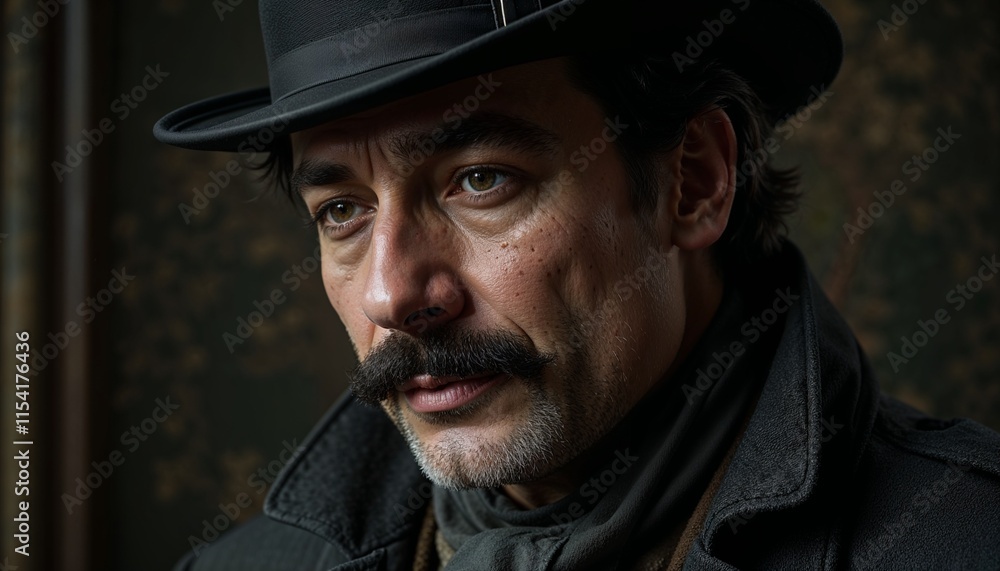 Obraz premium Mysterious Gentleman in Vintage Attire with Pensive Expression Against Dark Background
