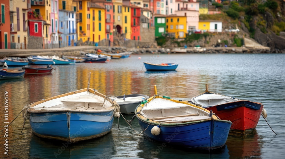 Fototapeta premium Charming harbor scene with small boats anchored near vibrant buildings reflecting in calm waters