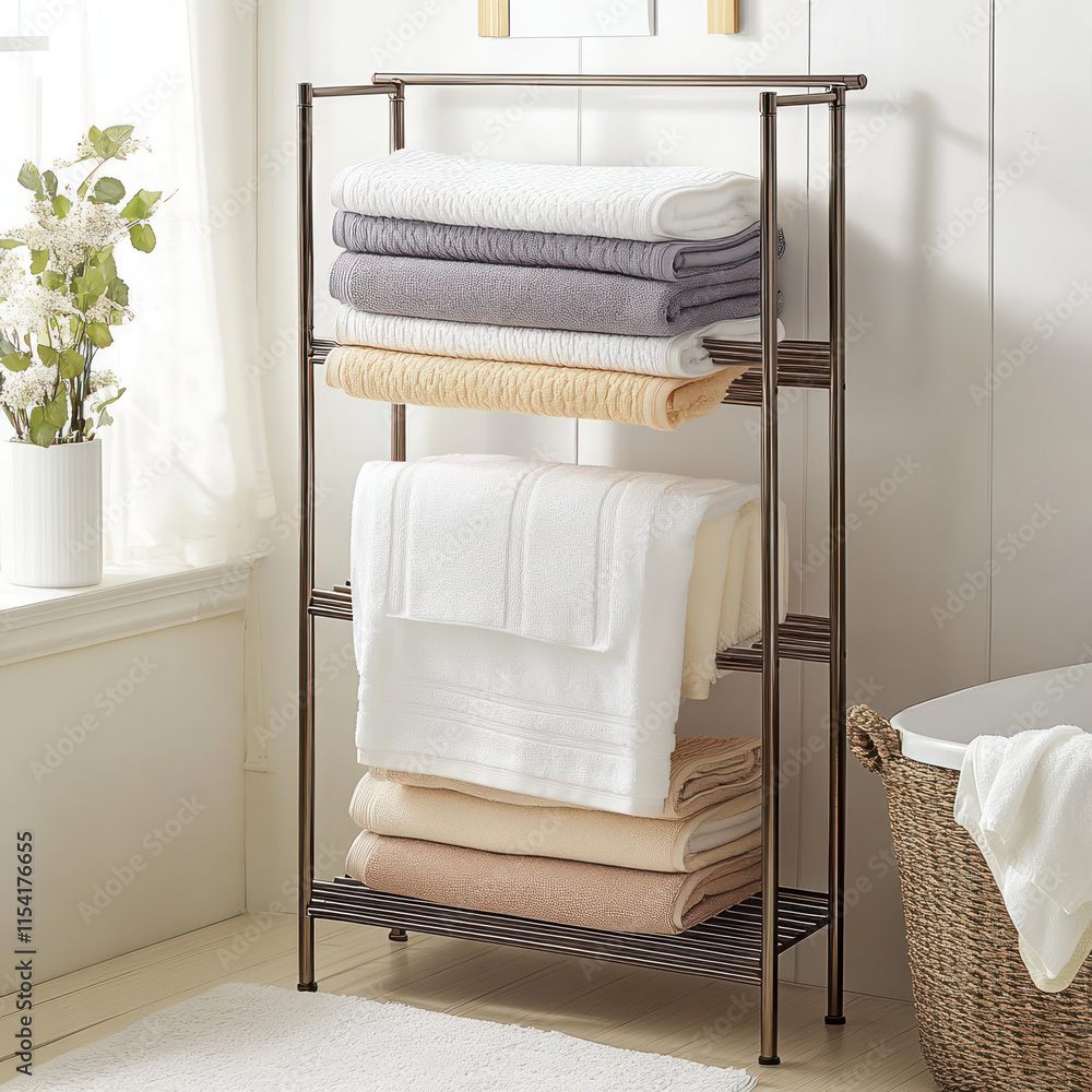Organized multi tiered towel rack displaying neatly folded towels in various colors, enhancing bathroom decor and functionality. Perfect for keeping towels accessible and tidy Organized multi tiered towel rack displaying neatly folded towels in various colors, enhancing bathroom decor and functionality. Perfect for keeping towels accessible and tidy