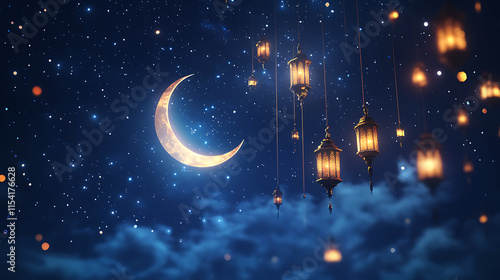 Ramadan Night Scene with Crescent Moon, Stars, and Floating Lanterns Against Starry Sky photo