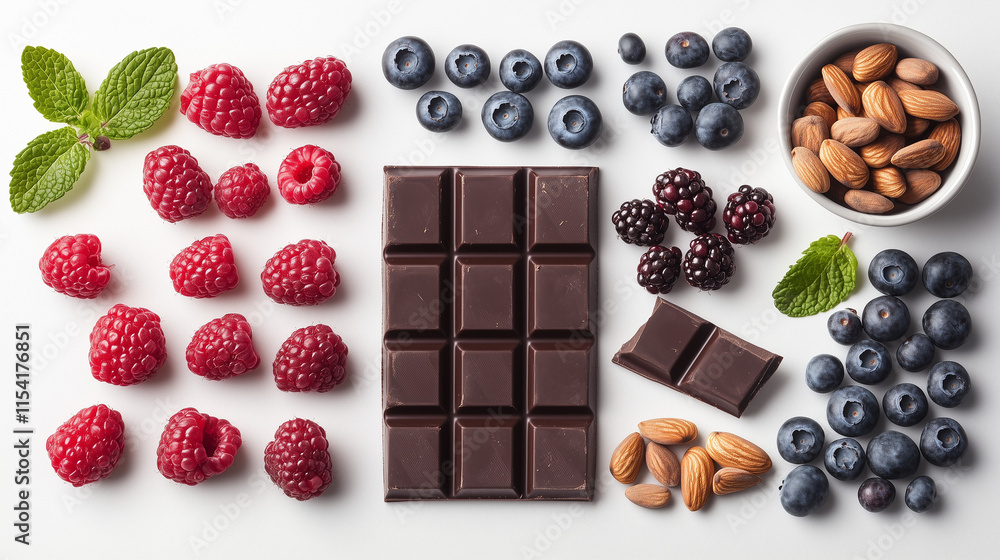 Fototapeta premium Dark chocolate bar with fresh berries and almonds