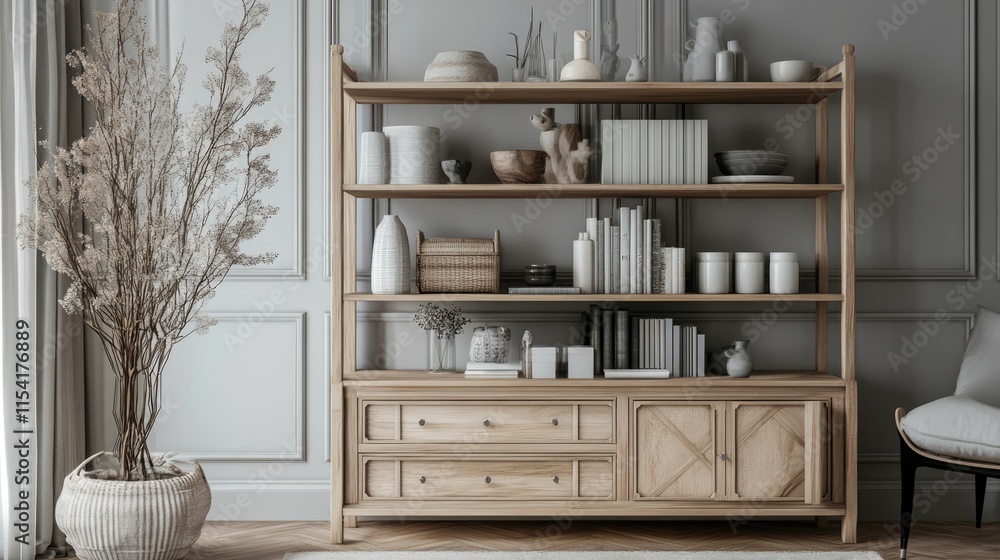 Stylish shelving unit featuring decorative elements and a wooden chest of drawers in a modern interior design setting Stylish shelving unit featuring decorative elements and a wooden chest of drawers in a modern interior design setting