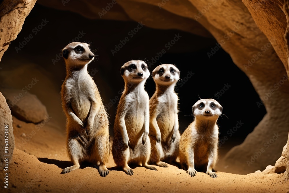 three meerkats standing in front of a cave looking at the camera
