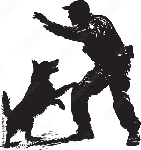 Police Officer and Dog K9 Working Together Stylized Silhouette Vector Illustration Graphic