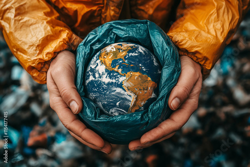 Concepto medio ambiente y del día de la madre tierra con un globo terráqueo y un medio ambiente ecológico. Contaminación plástico photo