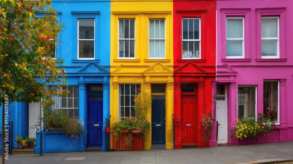 Colorful Row of Terraced Houses with Vibrant Facades and Flower Planters in a Charming Urban Setting