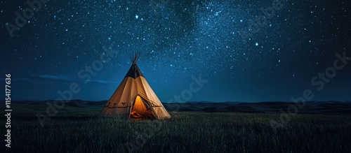 Rustic tipi illuminated under a starry night sky ideal for outdoor adventure themes and serene camping experiences. photo