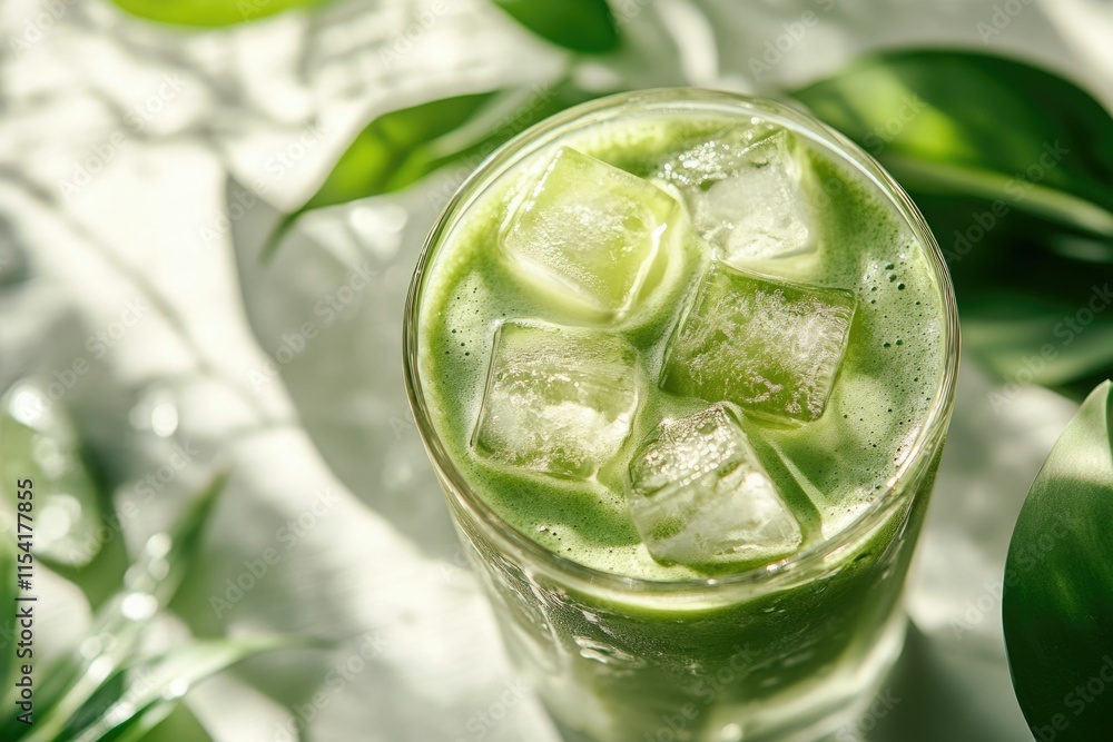 Refreshing iced matcha latte, perfect summer drink, vibrant green color, ice cubes. Refreshing iced matcha latte, perfect summer drink, vibrant green color, ice cubes.