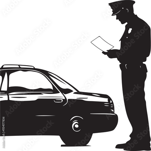 Police Officer Writing Parking Ticket Silhouette Vector Illustration Graphic