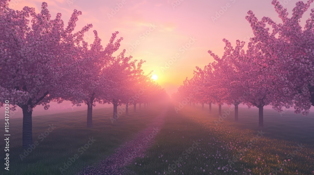 Obraz premium Cherry blossom trees in beautiful rows at sunrise with soft light illuminating a tranquil path through a misty landscape.