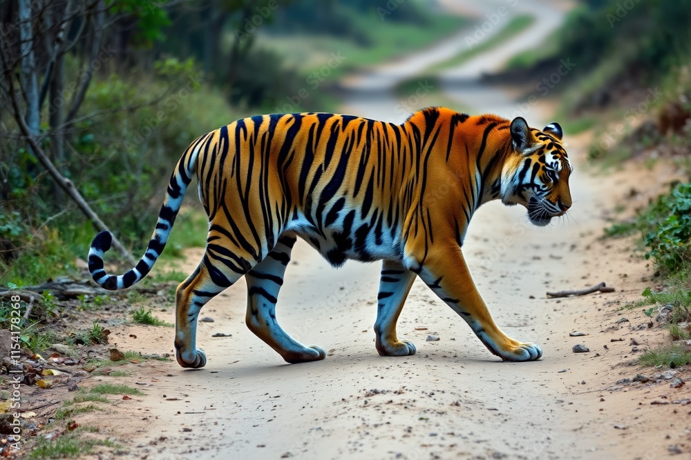 Fototapeta premium there is a tiger walking down a dirt road in the woods
