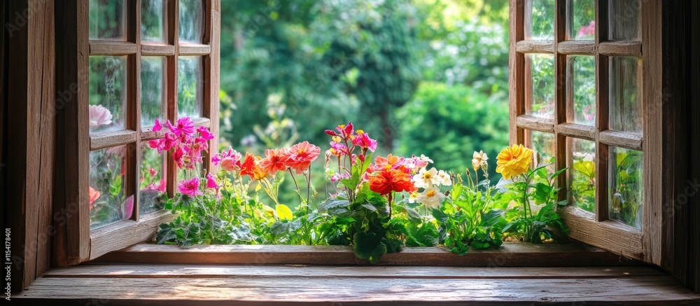 Fototapeta premium Rustic wooden window frame with blooming flowers inviting natural light into a serene indoor space surrounded by lush greenery