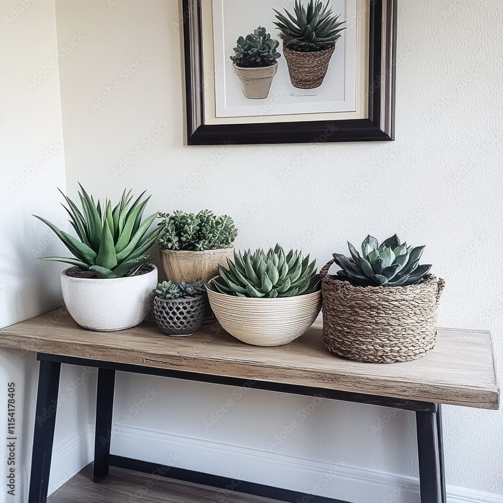 Fototapeta premium Potted plants and succulents arranged on wooden table, creating serene indoor atmosphere. display features various textures and colors, enhancing decor