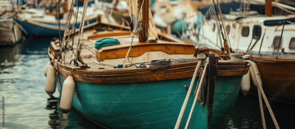 Detailed view of traditional wooden boats with sails moored in a tranquil harbor showcasing nautical components and serene water reflections Detailed view of traditional wooden boats with sails moored in a tranquil harbor showcasing nautical components and serene water reflections
