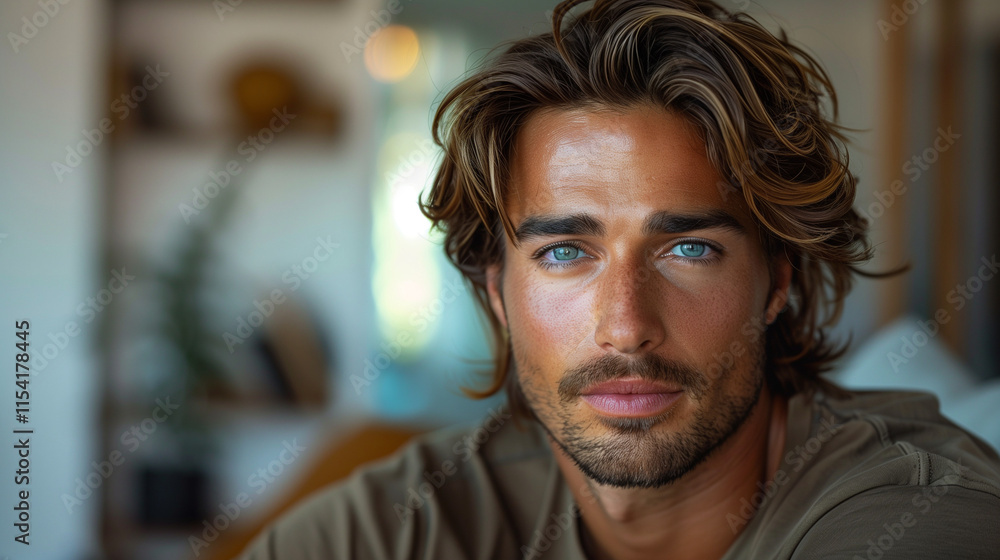 Man Portrait In Interior (Inside). Face, Hair, Skin, Casual, He is Young, Millennial (20, 25, 30, 35 years old), Handsome and Model. 