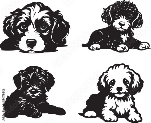 Poodle Dogs Lying Down Stylized Set Vector Illustration Graphic