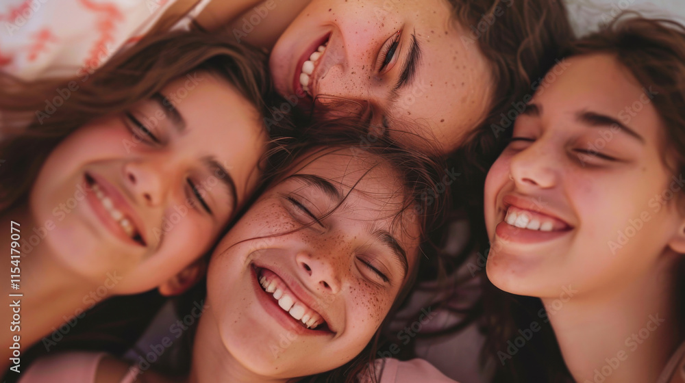 Smiling girls with freckles lying close together Smiling girls with freckles lying close together