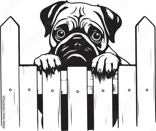 Pug Dog Peeking Over Fence Stylized Vector Illustration Graphic