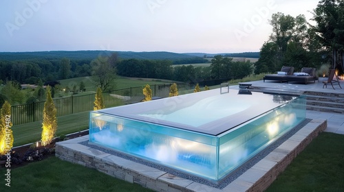 Luxurious infinity pool with glass walls overlooking scenic landscape at dusk.