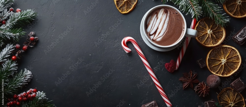 Festive Holiday Scene with Hot Chocolate Candy Canes and Dried Oranges on Dark Background Perfect for Christmas Card Designs Festive Holiday Scene with Hot Chocolate Candy Canes and Dried Oranges on Dark Background Perfect for Christmas Card Designs