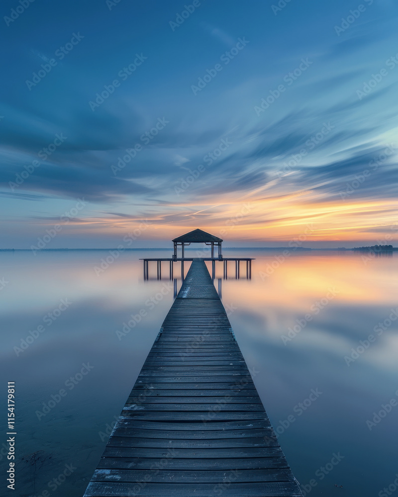 Serene lake sunrise with wooden pier and boathouse Serene lake sunrise with wooden pier and boathouse
