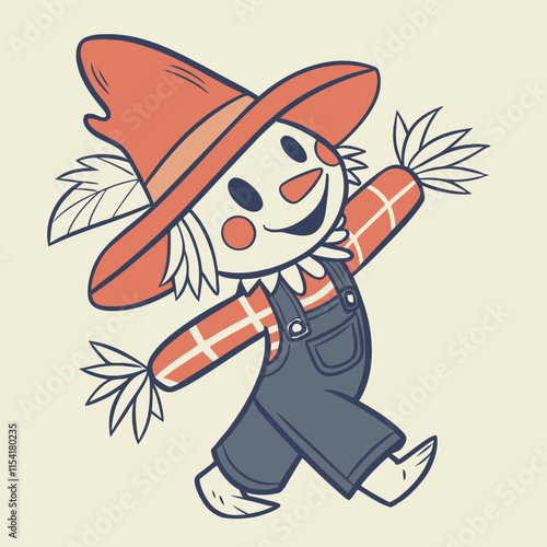 Endearing image of a scarecrow with straw details standing in a crop field, great for autumn or country life designs with a cute touch.