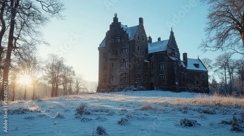 Winter castle landscape with sunny backlight showcasing snow-covered grounds and surrounding trees in a serene setting