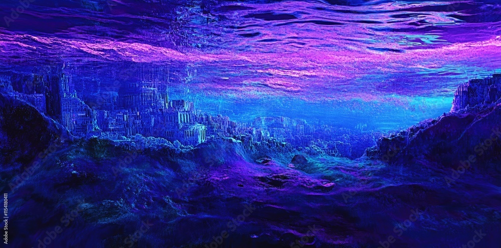 Naklejka premium Submerged Cityscape A Neon Dreamlike Underwater Ruin