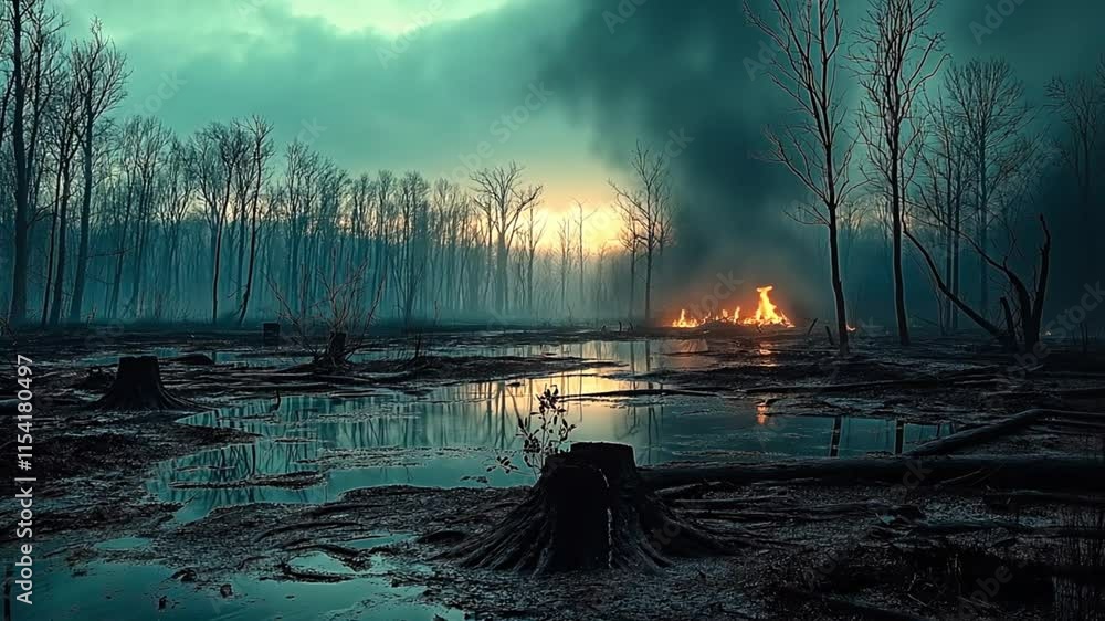 A devastated forest with charred stumps and rising smoke shows the ...