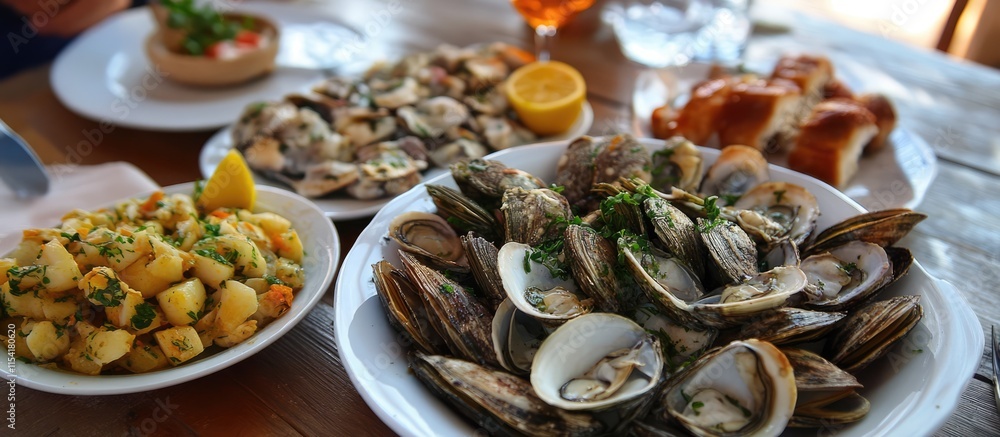 Delicious Sardinian Seafood Starter Platter with Fresh Shellfish Potatoes and Lemon Garnish on a Rustic Table Setting Delicious Sardinian Seafood Starter Platter with Fresh Shellfish Potatoes and Lemon Garnish on a Rustic Table Setting