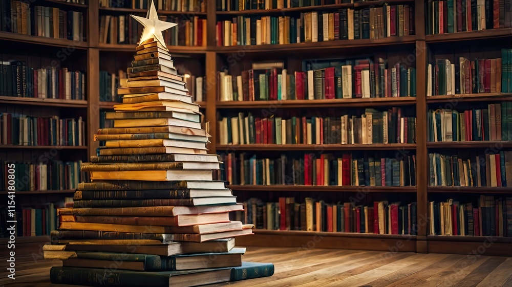 Christmas tree made of books in a macro shot, creative decor for New Year and Christmas, an unusual gift for book lovers. Christmas tree made of books in a macro shot, creative decor for New Year and Christmas, an unusual gift for book lovers.