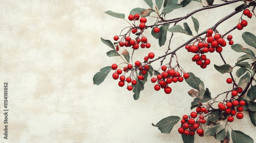 Fototapeta premium Rowan branch featuring vibrant red berries against a soft textured background highlighting green leaves