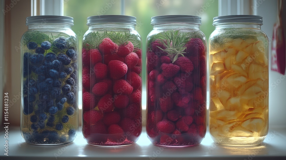 Four jars of fruit-infused beverages on windowsill. Four jars of fruit-infused beverages on windowsill.