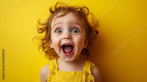 Joyful Toddler Girl with Curly Hair on Yellow Background