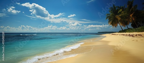 Serene tropical beach with golden sand and clear blue waters under a bright sky with fluffy clouds and distant palm trees. photo