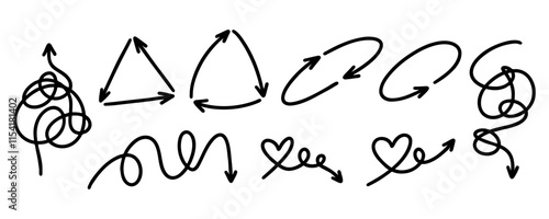 Isolated unraveling lines. Tangled arrows, simple triangular oval and heart arrow. Untangling lines with arrow - continuous flowing thread that twists and turns. Tangled disorder turns into order line