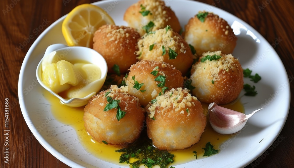 Golden Cod Fritters with Lemon and Sauce on Elegant Platter in Upscale Setting Golden Cod Fritters with Lemon and Sauce on Elegant Platter in Upscale Setting