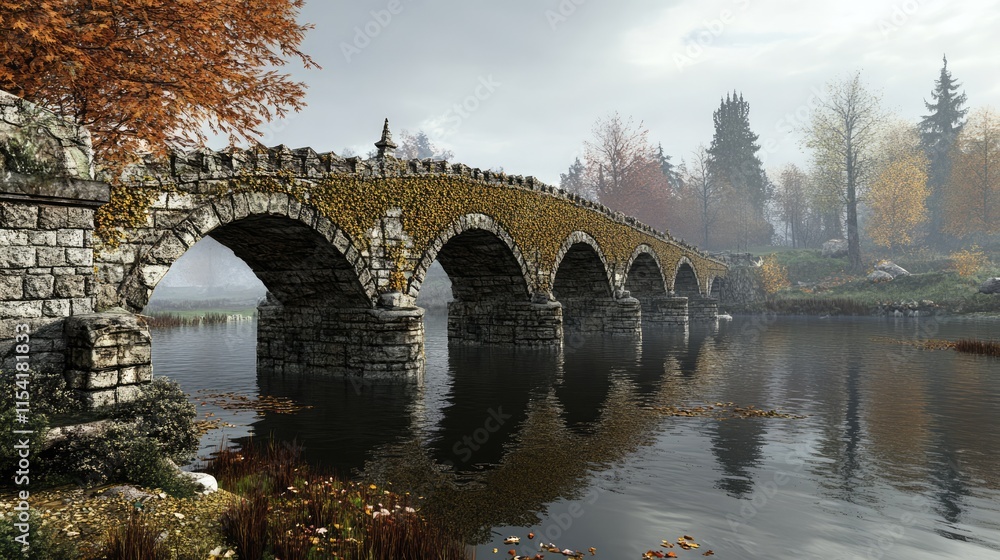 Fototapeta premium Medieval stone bridge arching over tranquil river surrounded by autumn foliage and misty landscape viewed from the waterfront