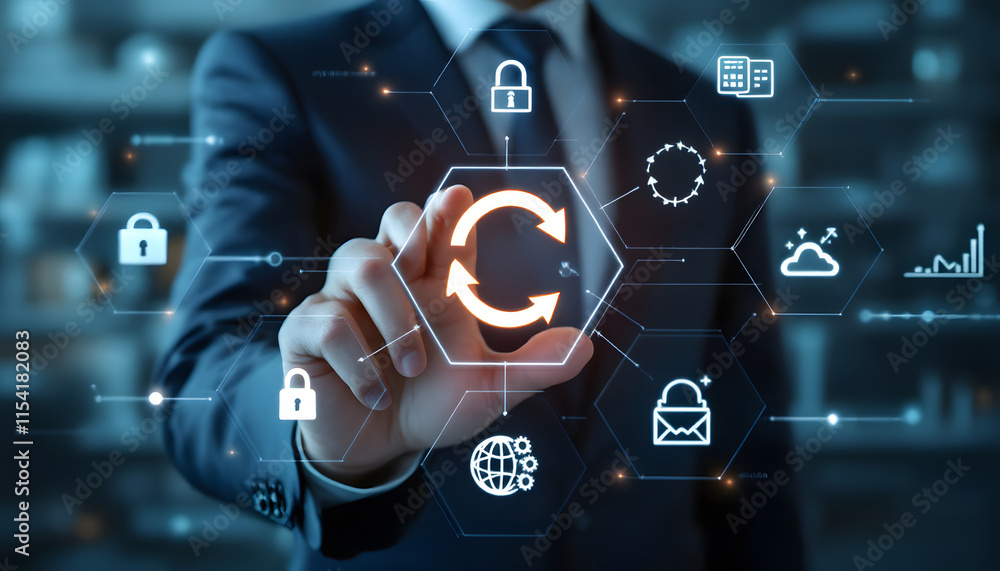 Naklejka premium Data Synchronization and Process Automation, Technology Refresh Concept, Continuous Improvement and Business Cycle Illustration
