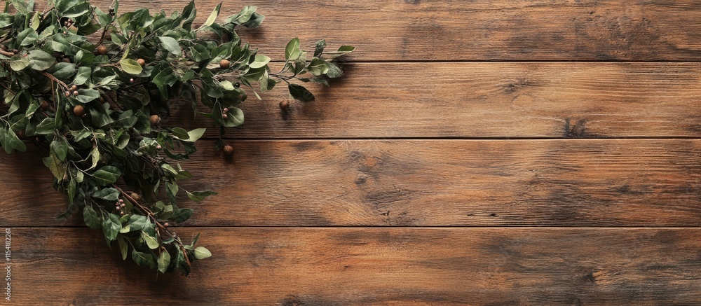 Rustic wooden table with greenery centerpiece perfect for holiday gatherings and gift display in a cozy festive setting Rustic wooden table with greenery centerpiece perfect for holiday gatherings and gift display in a cozy festive setting