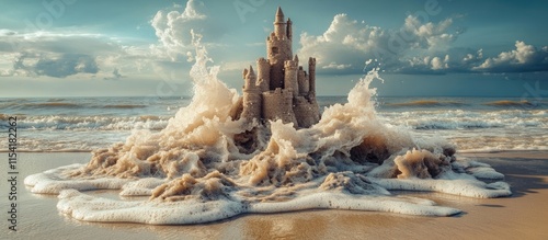 Waves crashing on a sandy beach revealing a destroyed sand castle under vast cloudy skies photo