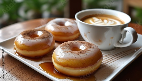 Delicious Bolinhos de Chuva with Coffee on Wooden Table in Natural Light Setting photo