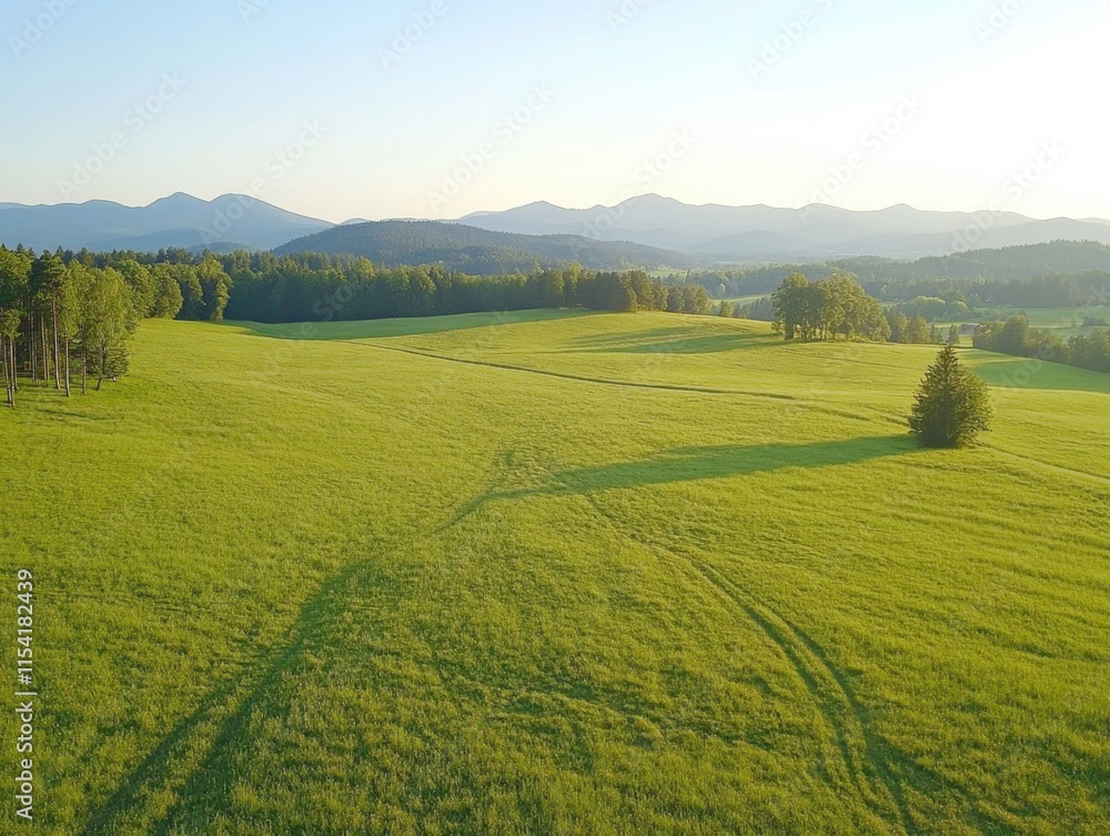 Lush Green Meadow with Rolling Hills and Vibrant Blue Sky in Sunset Light Lush Green Meadow with Rolling Hills and Vibrant Blue Sky in Sunset Light