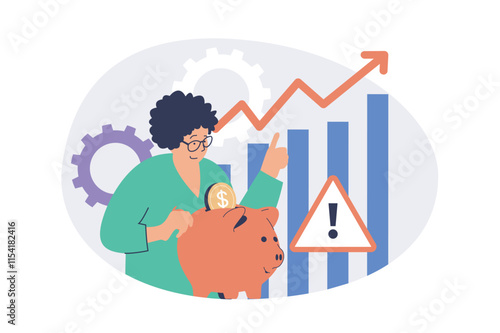 Saving money web concept with flat cartoon people for website design. Woman collecting coins in piggy bank, makes financial data analysis with chart and arrow growth, gets profit. Vector illustration.