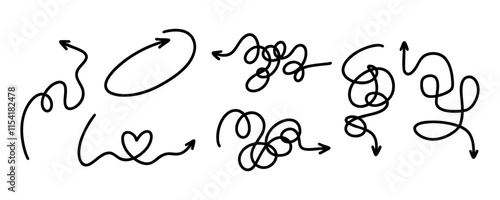 Untangling lines with arrow - continuous flowing thread that twists and turns. Tangled disorder turns into order line. Isolated unraveling lines. Set tangled arrows, simple double oval and heart arrow