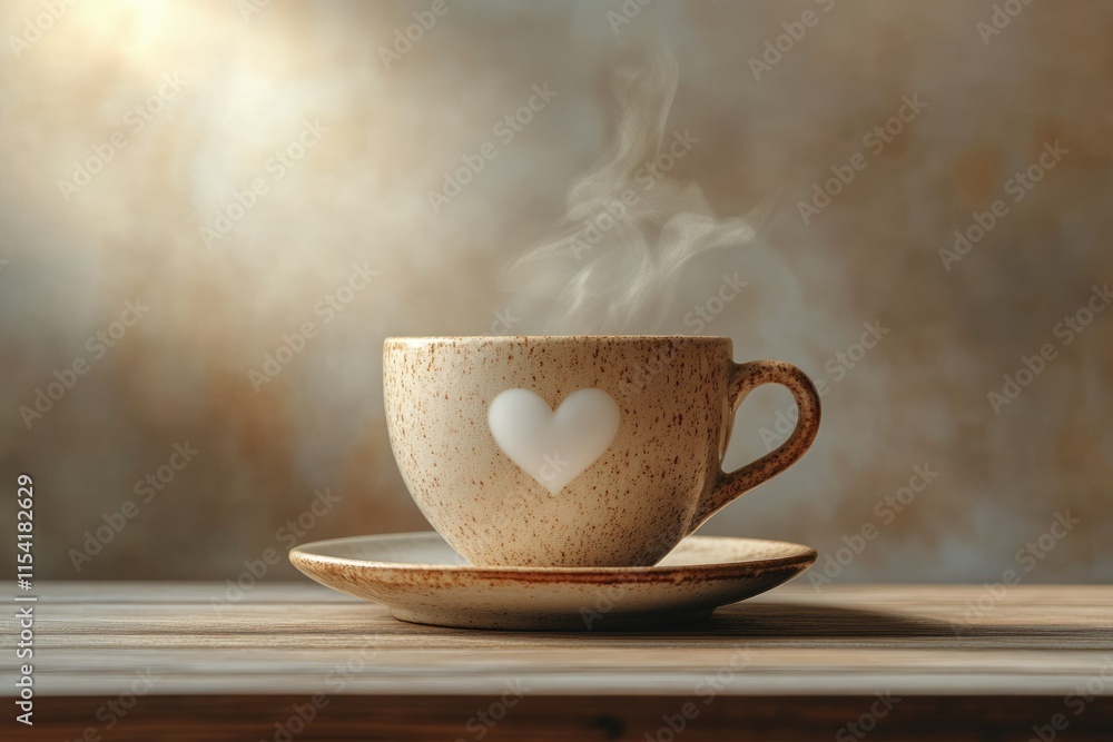 A steaming cup of coffee with a heart design, sitting on a wooden table, exuding warmth and comfort. A steaming cup of coffee with a heart design, sitting on a wooden table, exuding warmth and comfort.
