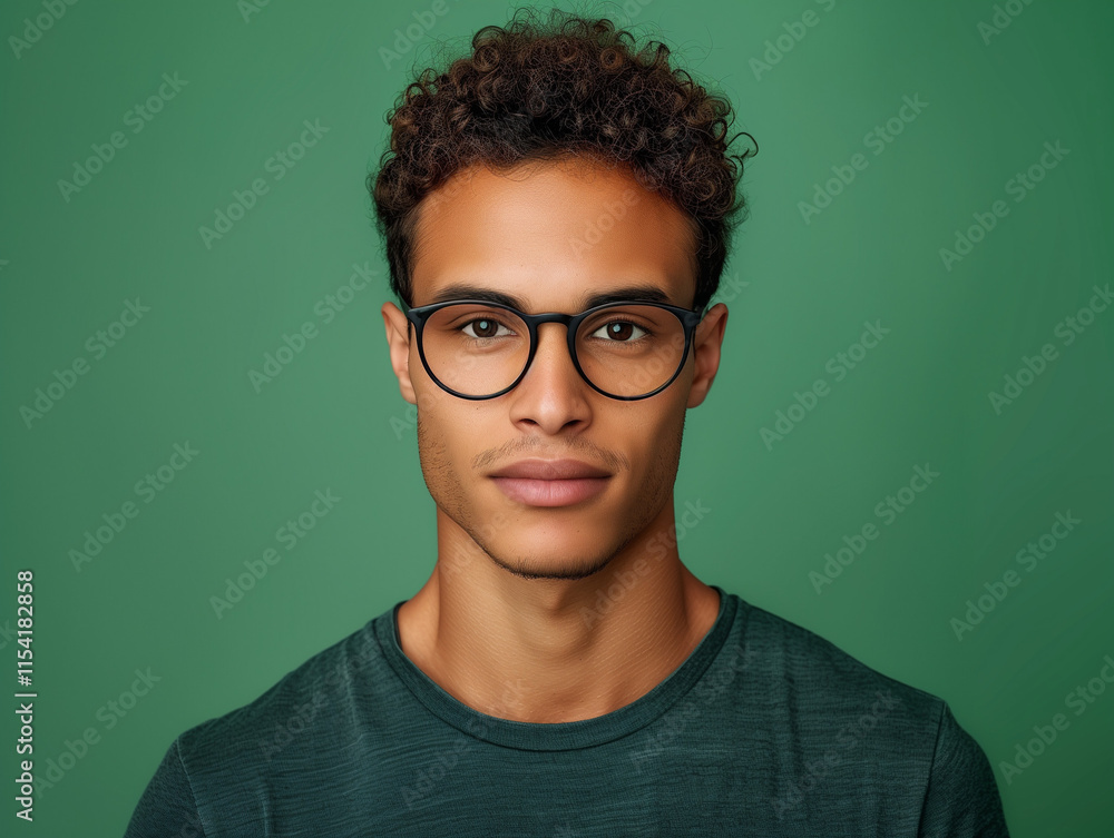 Young mixed man in glasses standing in front of simple green background. He is IT worker, programmer, smart, student, freelancer, millenial, intellectual. Business, economics, finance, computers. Young mixed man in glasses standing in front of simple green background. He is IT worker, programmer, smart, student, freelancer, millenial, intellectual. Business, economics, finance, computers.