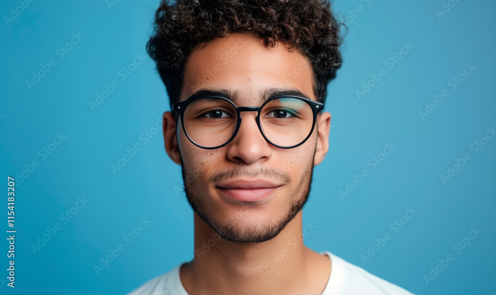 Young mixed man in glasses standing in front of simple blue background. He is IT worker, programmer, smart, student, freelancer, millenial, intellectual. Business, economics, finance, computers.