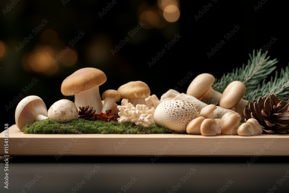 Varied selection of fresh mushrooms and natural elements on wooden board Varied selection of fresh mushrooms and natural elements on wooden board