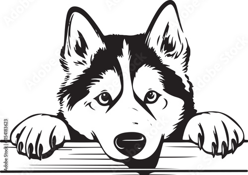 Siberian Husky Dog Peeking Over Fence Stylized Vector Illustration Graphic